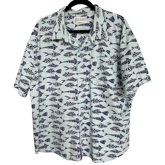 HABAND Men's Blue Fish Camp Shirt Size XL Snap Closure Cruise Vacation Resort - Picture 1 of 6